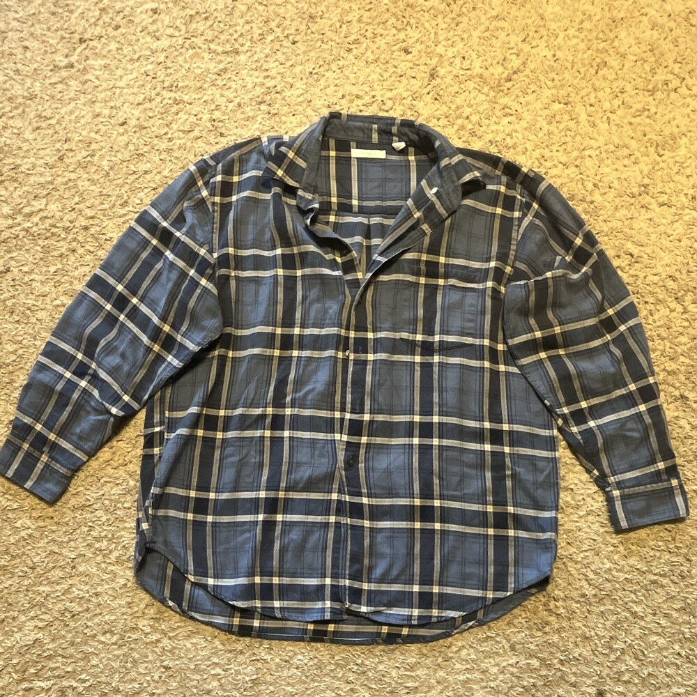Turnbury Men's XL Blue Beige Plaid Flannel Cotton Long Sleeve Button-Up Pockets